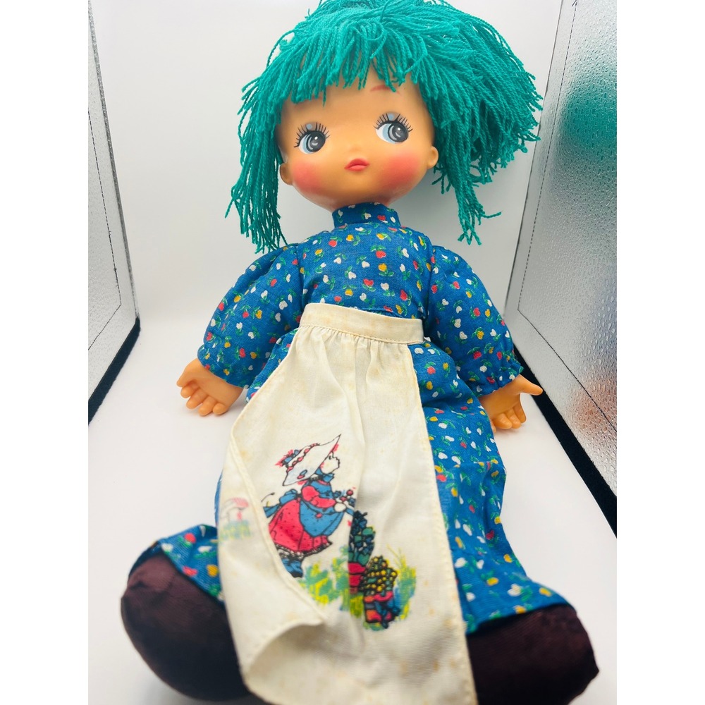 Vintage Soft Body Doll Teal Yarn Hair Blue Floral Dress Gardening Apron 1970s